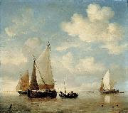 willem van de velde  the younger, Dutch Smalschips and a Rowing Boat